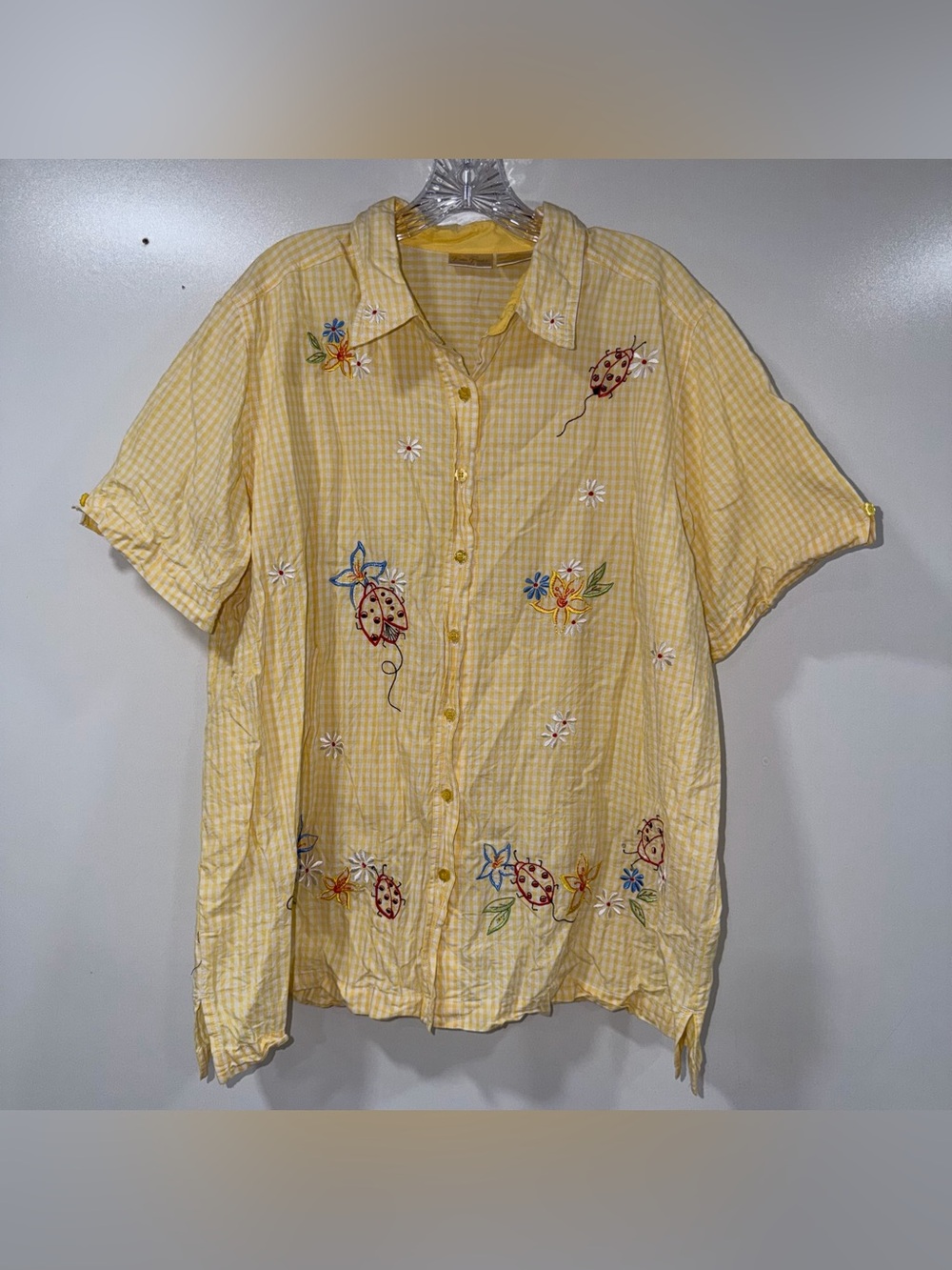 Bobbie Brooks short-sleeve yellow gingham embroider button-up shirt